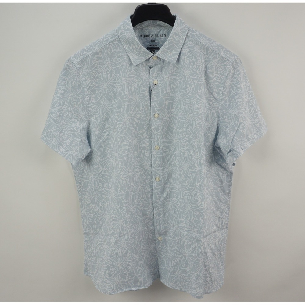 New‎ Perry Ellis Floral Printed Performance Shirt Men's Large Light Blue Stretch